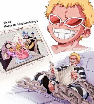 ... 4boys ascot birthday_cake black_hair black_hat blonde_hair blue_hair buggy_the_clown cake chain chained character_name cigar clown_nose crocodile_(one_piece) cuffs cup dated devil_fruit_power disembodied_head donquixote_doflamingo dracule_mihawk drinking_glass earrings english_text food grin handcuffs happy_birthday hat holding holding_newspaper hook_hand jewelry male_focus mlgdhh multiple_boys multiple_rings newspaper one_piece orange_ascot prison_clothes purple_vest reading ring scar scar_on_face shirt short_hair sitting smile sunglasses table thumbs_up vest white_background white_shirt wine_glass yellow_shirt yoru_(sword)