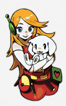 2girls absurdres android blonde_hair blue_eyes curly_brace doukutsu_monogatari furry furry_female highres long_hair looking_at_viewer multiple_girls open_mouth pants red_pants simple_background smile teeth toroko upper_teeth_only white_background yuve2625