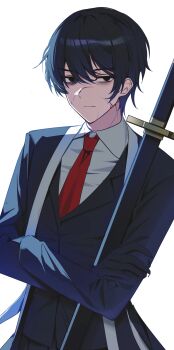 1boy absurdres black_coat black_eyes black_hair black_jacket blade_lineage_(identity)_(project_moon) closed_mouth coat collared_shirt crossed_arms hair_between_eyes hi_i_dubu highres holding holding_sword holding_weapon jacket limbus_company long_sleeves looking_at_viewer male_focus necktie project_moon red_necktie shirt simple_background solo sword upper_body weapon white_background white_shirt wing_collar yi_sang_(project_moon)