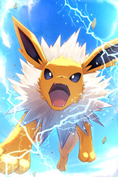 bright_pupils commentary_request day electricity fangs from_below gen_1_pokemon highres jolteon nintendo no_humans open_mouth outdoors pokemon pokemon_(creature) pokemon_focus rock rumine_(yoshi1234567) sky solo white_pupils