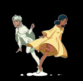 2girls :o bad_id bad_pixiv_id bindi black_background blue_eyes blue_hair boots braid breasts dark-skinned_female dark_skin dress green_eyes green_hair gundam gundam_g_no_reconguista lalah_sune long_sleeves mobile_suit_gundam multiple_girls poncho raraiya_monday simple_background small_breasts smile thigh_boots thighhighs trait_connection wakatuki25 wide_sleeves