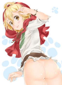 1boy ahoge ass bad_id bad_pixiv_id belt blonde_hair blush bottomless bracelet capelet cowboy_shot eyebrows gender_request genderswap hood hooded hoodie jewelry lips little_red_riding_hood_(fairy_tale) little_red_riding_hood_(fairy_tale_character) looking_at_viewer looking_back male_focus original parted_lips paw_print sessou_nashiko shiny_skin shota smile solo standing trap white_background