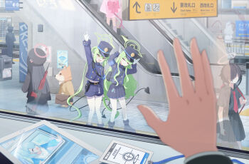 2boys 6+girls absurdres arona_(blue_archive) blue_archive doodle_sensei_(blue_archive) garados_(limmjiiiminnn99) gehenna_student_(blue_archive) glass highres hikari_(blue_archive) japanese_text justice_task_force_member_(blue_archive) multiple_boys multiple_girls nozomi_(blue_archive) pantyhose school_uniform sensei_(blue_archive) train white_pantyhose