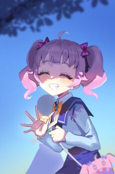 Rule 34 | 1girl, ahoge, aozora himari, bag, blue gem, blue sailor collar, blue shirt, blue sky, blurry, blurry background, bow, bowtie, closed eyes, collared shirt, commentary, dark, dress shirt, facing viewer, gem, grin, hair bow, hands up, highres, himitsu no aipri, light blush, long sleeves, night, outdoors, paradise private academy school uniform, pink bow, pink hair, pretty series, roly, sailor collar, salute, school uniform, shirt, shoulder bag, sky, smile, solo, spread fingers, twintails, upper body, wavy hair, white shirt, yellow bow, yellow bowtie