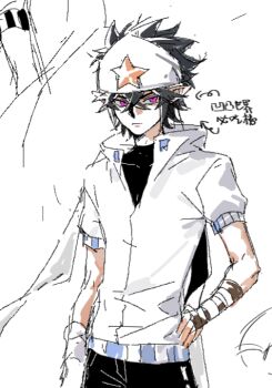 Rule 34 | 1boy, aotu world, arrow (symbol), asymmetrical gloves, bandana, black hair, black pants, black shirt, brown gloves, chinese text, closed mouth, fingerless gloves, gloves, hair between eyes, hand on own hip, headband, hood, hood down, hooded jacket, jacket, looking at viewer, male focus, pants, pointy ears, print headband, purple eyes, ray (aotu world), shirt, short sleeves, simple background, sketch, solo, spiked hair, star (symbol), star print, turtleneck, white background, white gloves, white headband, white jacket, zheqi79512