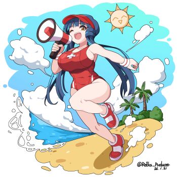 1girl :o absurdres armpits beach blue_hair blue_sky blunt_ends breasts cloud cloudy_sky commentary_request day eyelashes full_body highres holding holding_megaphone idolmaster idolmaster_million_live! idolmaster_million_live!_theater_days kitakami_reika knee_up large_breasts lifeguard long_hair looking_at_viewer looking_down megaphone multicolored_wristband nillis ocean one-piece_swimsuit one_eye_closed outdoors red_one-piece_swimsuit red_shoes red_visor shoes skindentation sky solo standing standing_on_one_leg sun sun_with_face swimsuit teeth twintails upper_teeth_only walking yellow_eyes