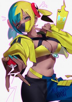 1girl adversarial_noise aqua_hair aqua_nails artist_name black_mask black_pants blonde_hair blue_eyes blue_pants breasts canari_(pokemon) cellphone commentary covered_mouth cropped_jacket dark-skinned_female dark_skin dyarikku english_commentary gen_4_pokemon gyaru_v highres holding holding_poke_ball index_finger_raised jacket large_breasts long_sleeves looking_at_viewer mask mouth_mask multicolored_hair nail_polish navel nintendo open_clothes open_jacket outstretched_arm pants phone poke_ball poke_ball_(basic) pokemon pokemon_legends:_z-a rotom rotom_phone short_twintails simple_background smartphone solo split-color_hair sports_bra twintails two-tone_hair two-tone_mask two-tone_pants v very_long_fingernails white_background yellow_jacket yellow_mask yellow_nails yellow_sports_bra