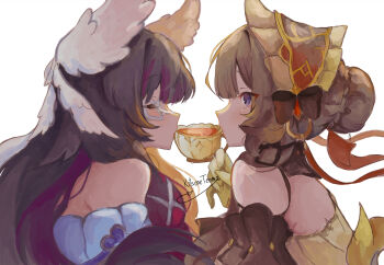 2girls bare_shoulders bow closed_eyes columbina_(genshin_impact) cup drinking genshin_impact hair_bow highres kitsunetenma long_hair maid maid_headdress multicolored_hair multiple_girls purple_eyes sandrone_(genshin_impact) skort tea white_background