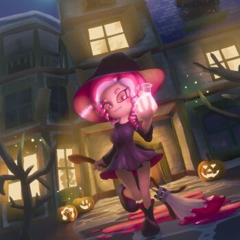 1girl absurdres black_boots black_dress black_hat blush boarded_windows boots bottle breasts dress halloween halloween_costume hat haunted_house_(attraction) highres holding holding_paintbrush holding_potion inkbrush_(splatoon) jack-o'-lantern kirby's_return_to_dream_land kirby_(series) long_hair long_sleeves looking_at_viewer magolor magolor_soul mansion medium_breasts night nintendo octoling octoling_girl octoling_player_character octopus_girl orange_eyes paint paintbrush pink_hair potion pumpkin salmonid sky smile soandnb splatoon_(series) standing standing_on_one_leg tentacle_hair tree window witch witch_hat