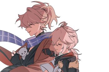 2boys animal antenna_hair armor black_gloves black_haori black_kimono black_scarf blue_scarf brown_hair cat closed_eyes closed_mouth crossed_bangs fingerless_gloves genshin_impact gloves hair_between_eyes hair_intakes haori hashtag-only_commentary high_ponytail highres holding holding_animal holding_cat japanese_armor japanese_clothes kaedehara_kazuha kazuha's_friend_(genshin_impact) kimono long_hair long_sleeves low_ponytail male_focus multicolored_hair multiple_boys open_clothes open_mouth pom_pom_(clothes) ponytail red_hair red_haori red_scarf scar scar_on_face scar_on_nose scarf short_sleeves shoulder_armor sidelocks simple_background single_sode smile sode streaked_hair ttuyer0 upper_body white_background white_cat white_hair white_kimono wide_sleeves