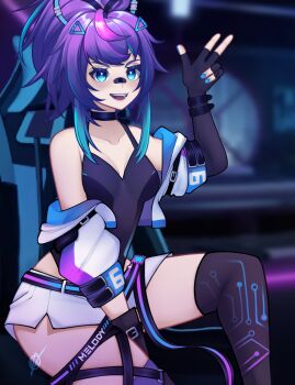 1girl absurdres annasinclaw aqua_eyes aqua_hair aqua_nails bandaid bandaid_on_face bandaid_on_nose bare_shoulders belt black_gloves black_thighhighs blurry blurry_background blush breasts chair character_name collarbone commentary elbow_gloves english_commentary eyelashes fingerless_gloves fingernails gloves hair_ornament highres indoors jacket medium_hair melody_(projektmelody) melody_(projektmelody)_(4th_costume) multicolored_hair nail_polish off_shoulder open_clothes open_jacket open_mouth pink_hair purple_hair short_shorts shorts sidelocks signature sitting smile solo teeth thighhighs virtual_youtuber vshojo white_jacket white_shorts