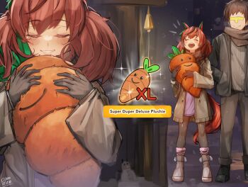 1boy 1girl animal_ears bell black_gloves blush bow brown_hair carrot-shaped_pillow closed_eyes coat commentary ear_covers ear_ribbon english_commentary english_text gloves highres holding holding_stuffed_toy horse_ears horse_girl horse_tail hugging_object long_sleeves multicolored_hair nice_nature_(umamusume) open_mouth pururin_2000 scarf smile streaked_hair stuffed_animal stuffed_carrot stuffed_toy t-head_trainer_(umamusume) tail trainer_(umamusume) umamusume winter_clothes winter_coat