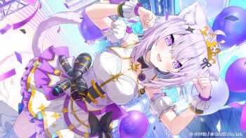 1girl :d absurdres ahoge animal_ears back_bow balloon black_bow black_bowtie blue_sky bow bowtie breasts cat_ears cat_girl cat_tail cleavage cloud commentary_request concert confetti corset crossed_bangs day detached_collar detached_sleeves double-parted_bangs dress dutch_angle fang gold_tiara hair_between_eyes hair_ornament hands_up headset highres hololive hololive_dreams large_breasts layered_dress looking_at_viewer nekomata_okayu official_alternate_costume official_art open_mouth paw_pose puffy_detached_sleeves puffy_short_sleeves puffy_sleeves purple_bow purple_eyes purple_hair short_dress short_hair short_sleeves sky sleeveless sleeveless_dress smile solo star_(symbol) star_hair_ornament tail virtual_youtuber waist_bow white_dress wrist_cuffs