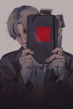 1boy absurdres arms_up book closed_mouth coat collared_coat commentary dress_shirt english_commentary grey_background highres holding holding_book james_sunderland layered_clothes long_sleeves looking_up male_focus parted_bangs polaroid_photo shirt short_hair silent_hill_(series) silent_hill_2 silent_hill_2_(remake) simple_background solo twitter_username upper_body wr0wn