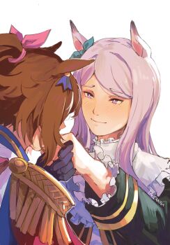 Rule 34 | 2girls, absurdres, animal ears, artist name, black coat, black gloves, blush, bow, brown hair, closed mouth, coat, ear bow, ear ornament, epaulettes, gloves, green bow, hair bow, highres, holding hands, horse ears, horse girl, kiss, kissing hand, long hair, long sleeves, looking at another, mejiro mcqueen (frontline elegance) (umamusume), mejiro mcqueen (umamusume), multiple girls, pink bow, ponytail, purple eyes, purple hair, shirt, simple background, smile, tapeanna, tokai teio (peak joy) (umamusume), tokai teio (umamusume), umamusume, upper body, white background, white shirt, yuri