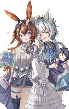 2girls :d absurdres amiya_(arknights) animal_ears arknights bare_shoulders black_skirt black_thighhighs blue_bow blue_bowtie blue_eyes blue_flower bouquet bow bowtie brown_hair character_doll chinese_commentary commentary_request cowboy_shot crown doll flower frilled_skirt frills grey_eyes hair_flower hair_ornament heads_together heart highres holding holding_doll infection_monitor_(arknights) light_blush long_hair looking_at_viewer multiple_girls open_mouth purple_flower rosmontis_(arknights) shirt simple_background single_thighhigh skirt smile standing thighhighs white_background white_shirt zerosama_(sailuojiang)