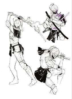 Rule 34 | 1boy, armor, blood, bloody weapon, covered eyes, cropped legs, dark skin, elden ring, elden ring nightreign, executor (elden ring), helmet, helmet over eyes, highres, holding, holding sword, holding weapon, incoming attack, katana, laozjiujiaolaoz, monochrome, partially colored, spot color, standing, sword, weapon, white background