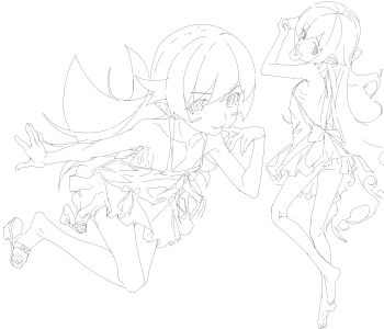 1girl absurdres apron ass back_bow bare_arms bare_back bare_legs barefoot blush_stickers bow collarbone crossed_ankles donut downblouse fang fang_out finger_to_mouth flat_chest floating food food_in_mouth footwear_bow from_above from_behind full_body hair_between_eyes hair_flaps halterneck hand_up handheld_game_console high_heel_sandals highres holding holding_handheld_game_console kneepits leaning_forward lineart long_hair looking_back lying monogatari_(series) multiple_views on_stomach open_hand oshino_shinobu outstretched_arm pointy_ears ribs ringed_eyes sandals shishirui_san shoe_dangle simple_background skirt smug soles square_neckline two-handed v-shaped_eyebrows very_long_hair waist_bow white_background