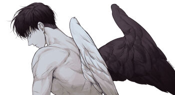 1boy absurdres black_hair black_wings closed_mouth feathered_wings highres leaning_forward levi_(shingeki_no_kyojin) lovewithyou_159 male_focus profile scar scar_on_arm scar_on_back scar_on_shoulder shingeki_no_kyojin short_hair solo topless_male two-tone_wings white_background white_wings wings