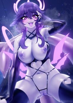 1girl absurdres breasts cleavage colored_inner_hair colored_nipples colored_pussy colored_skin colored_tongue commentary demon_girl demon_wings english_commentary fins fish_tail hair_between_eyes halo heart heart-shaped_pupils highres indie_virtual_youtuber large_breasts looking_at_viewer mark_under_both_eyes medium_hair megalodon_(vtuber) multicolored_hair navel nipples one-piece_swimsuit open_mouth phloxberry purple_eyes purple_hair purple_halo purple_nipples purple_pussy purple_skin purple_tongue pussy shark_girl shark_tail sharp_teeth sidelocks swimsuit symbol-shaped_pupils tail teeth thighhighs thighs tongue tongue_out virtual_youtuber wings