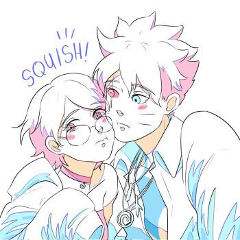 1boy 1girl blush_stickers boruto:_two_blue_vortex boruto_(series) breasts cheek-to-cheek choker commentary english_commentary glasses heads_together height_difference heterochromia highres jacket jewelry jougan limited_palette mangekyou_sharingan mismatched_sclera multiple_necklaces naruto_(series) necklace peachott sharingan sleeves_past_fingers sleeves_past_wrists small_breasts strapless uchiha_sarada uzumaki_boruto