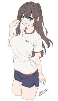 1girl absurdres blue_eyes blue_shorts braid breasts brown_hair gym_shirt gym_uniform hair_ornament hairclip highres long_hair looking_at_viewer medium_breasts open_mouth original ponytail shirt short_sleeves shorts simple_background smile solo sweat unasaka_ryou white_background white_shirt