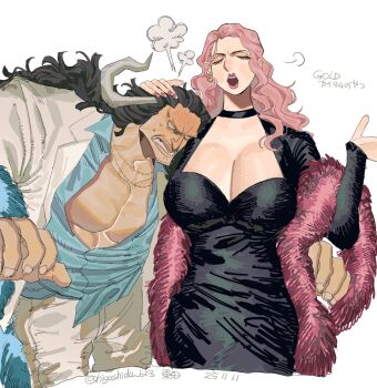 1boy 1girl beard_stubble black_choker black_dress black_hair blue_shirt breasts charlotte_linlin choker closed_eyes curled_horns dress eyelashes facial_hair feather_boa hand_on_another&#039;s_head higashida_623 highres horns jacket kaidou_(one_piece) large_breasts long_hair long_sleeves one_piece open_mouth pants pink_hair shirt simple_background stubble sweatdrop twitter_username white_background white_jacket white_pants