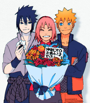 Rule 34 | 1girl, 2boys, bandaged hand, bandages, black eyes, black hair, blonde hair, blue eyes, bouquet, closed eyes, commentary, crossed arms, facial mark, flower, food, forehead mark, hairband, haruno sakura, highres, holding, holding bouquet, holding food, jacket, multiple boys, naruto (series), naruto shippuuden, onigiri, open clothes, open jacket, pink eyes, red hairband, spiked hair, translation request, tumblr username, uchiha sasuke, umbra (edits umbra), uzumaki naruto, watermark, whisker markings, wristband