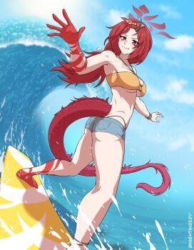 1girl absurdres bikini blue_archive breasts denim denim_shorts dragon_girl dragon_horn dragon_tail hairband halo highres horns long_hair nightingery official_alternate_costume orange_hairband red_eyes red_hair renge_(blue_archive) renge_(swimsuit)_(blue_archive) shorts single_horn surfboard surfing swimsuit tail waves yellow_bikini