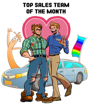 2boys beard blue_pants blush_stickers brown_hair brown_pants buttons car closed_eyes closed_mouth collared_shirt commentary_request couple deadpool deadpool_&amp;_wolverine deadpool_(series) english_text facial_hair flag flag_on_vehicle full_body hand_in_pocket hand_on_another's_waist heart highres large_pectorals male_focus marvel marvel motor_vehicle multiple_boys muscular muscular_male om85549 open_mouth pants pectorals plaid_clothes plaid_shirt rainbow_flag sale scar scars_all_over shirt smile too_many torn_clothes torn_pants v wig wolverine_(x-men) x-men yaoi