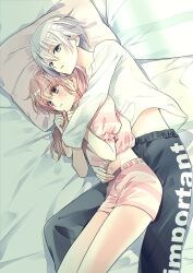 Rule 34 | 1boy, 1girl, bed, bed sheet, blush, cuddling, hetero, highres, long hair, lying, midriff, on bed, on side, ooshima towa, original, pillow