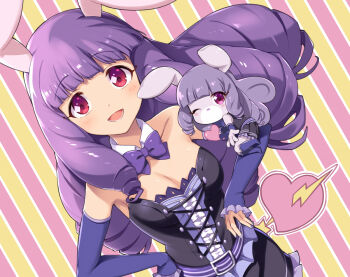 2girls animal_ears bare_shoulders belt blush bow bowtie breasts chuchu_(myumon)_(show_by_rock!!) chuchu_(show_by_rock!!) cowboy_shot detached_collar drill_hair dual_persona dutch_angle hands_on_own_hips hashtag-only_commentary heart logo long_hair medium_breasts mitsuki_meia multiple_girls open_mouth purple_belt purple_bow purple_bowtie purple_hair purple_nails rabbit_ears red_eyes show_by_rock!!