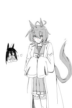 Rule 34 | 2girls, absurdres, agnes tachyon (umamusume), ahoge, animal ears, bow, bowtie, chemical structure, chibi, chibi inset, closed mouth, coat, collared shirt, commentary request, ear ornament, ear tag, earrings, frilled skirt, frills, gachitamago, hair between eyes, hands up, heart, heart hands, highres, horse ears, horse girl, horse tail, jewelry, lab coat, long hair, long hair between eyes, manhattan cafe (umamusume), motion lines, multiple girls, no mouth, open clothes, open coat, pleated skirt, school uniform, shirt, short hair, simple background, single earring, skirt, sleeves past fingers, sleeves past wrists, tail, thighhighs, tracen school uniform, umamusume, white background