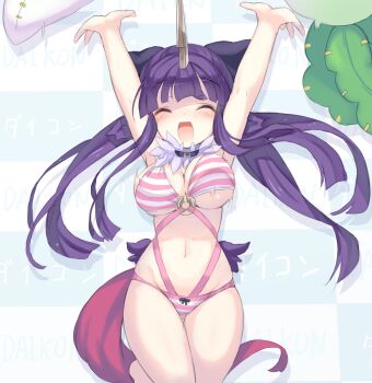 1girl ^_^ animal_ears armadillon armpits arms_up belt beyaert_alma bikini black_choker blue_background breasts checkered_background choker closed_eyes daikon emil_chronicle_online frilled_choker frills highres horns horse_ears horse_girl horse_tail large_breasts navel open_mouth pink_belt pink_bikini ponytail purple_hair radish smile solo split_ponytail striped_bikini striped_clothes stuffed_food swimsuit tail white_bikini