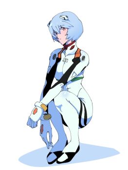 1girl ayanami_rei bad_id bad_twitter_id blue_hair bodysuit full_body interface_headset_(evangelion) mecha_pilot_suit neon_genesis_evangelion plugsuit_(evangelion) shadow short_hair simple_background solo squatting swirl9017 white_background white_bodysuit