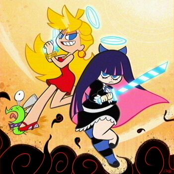 Rule 34 | 2girls, black dress, black shoes, blonde hair, blue bow, blue eyes, bow, bracelet, chuck (psg), dog, dress, earrings, gothic lolita, hair bow, halo, hime cut, holding, holding sword, holding weapon, hoop earrings, jewelry, leg up, lolita fashion, lolwutburger, long hair, multicolored hair, multiple girls, panty &amp; stocking with garterbelt, panty (psg), pink hair, purple hair, red dress, red heels, shoes, single thighhigh, stocking (psg), striped clothes, striped thighhighs, sword, thick thighs, thighhighs, thighs, toon (style), two-tone hair, vhs artifacts, weapon