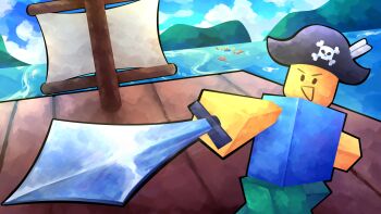 1other :d absurdres cloud cloudy_sky commission day feet_out_of_frame grin hat highres himochuu holding holding_sword holding_weapon mountainous_horizon noob_(roblox) open_mouth outdoors pirate_hat raft roblox sky smile solo sword weapon