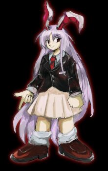 1girl absurdres animal_ears black_background blazer brown_shoes closed_mouth full_body highres imperishable_night index_finger_raised jacket long_hair long_sleeves looking_at_viewer pink_skirt purple_hair rabbit_ears rabbit_girl red_eyes reisen_udongein_inaba shoes simple_background skirt smile socks solo standing touhou very_long_hair white_socks yuuki_(yuk) zun_(style)