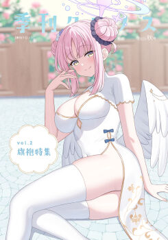 1girl angel_wings blue_archive blurry blurry_background blush breasts china_dress chinese_clothes closed_mouth dear_3846 double_bun dress hair_bun hair_ornament hair_scrunchie halo highres large_breasts looking_at_viewer low_wings mika_(blue_archive) pink_hair pink_halo scrunchie short_sleeves smile solo thighhighs white_thighhighs white_wings wings