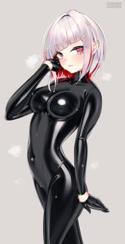 bodysuit breasts colored_inner_hair commentary_request covered_navel grey_hair highres impossible_bodysuit impossible_clothes large_breasts latex latex_bodysuit looking_at_viewer love_live! love_live!_hasu_no_sora_jogakuin_school_idol_club maguro27 medium_hair multicolored_hair red_eyes red_hair skin_tight yugiri_tsuzuri