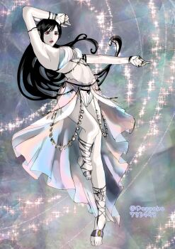 1girl arm_up armpits belly_chain bikini black_hair bow breasts commentary_request dancer dancing feet final_fantasy final_fantasy_vii final_fantasy_vii:_ever_crisis fingerless_gloves floating_hair full_body gloves hair_bow highres jewelry long_hair medium_breasts official_alternate_costume pale_skin partial_commentary poppoko783498 red_eyes red_lips sarong solo sparkle standing standing_on_one_leg stomach swimsuit tifa_lockhart tifa_lockhart_(passion_mermaid) toes twitter_username white_bikini white_bow white_gloves white_sarong