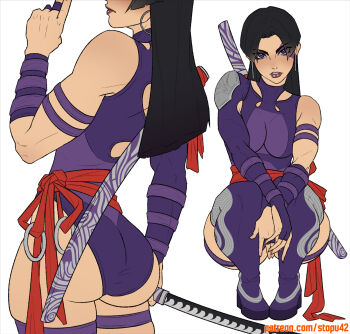 1girl armor ass black_hair boots breasts closed_mouth earrings facial_tattoo from_behind full_body hand_up highres holding holding_sword holding_weapon hoop_earrings jewelry leotard long_hair looking_at_viewer marvel marvel_rivals medium_breasts nose parted_lips patreon_username psylocke psylocke_(vengeance) purple_boots purple_eyes purple_leotard purple_lips red_rope rope shoulder_armor simple_background single_bare_shoulder single_sleeve skindentation squatting stopu sword sword_on_back tattoo thick_thighs thigh_boots thigh_strap thighs toned toned_female weapon weapon_on_back white_background x-men