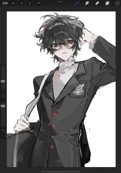 Rule 34 | 1boy, amamiya ren, art program in frame, bag, black bag, black hair, black jacket, breast pocket, buttons, chunjinran000, closed mouth, expressionless, glasses, hair between eyes, hand in own hair, highres, jacket, lapels, long sleeves, looking at viewer, male focus, notched lapels, persona, persona 5, pocket, procreate (medium), procreate (software), red pupils, school bag, school uniform, semi-rimless eyewear, short hair, shuujin academy school uniform, simple background, solo, sweater, turtleneck, turtleneck sweater, upper body, white background, white sweater