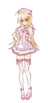 1girl absurdres ahoge alion_9715 alternate_costume annoyed blonde_hair blush breasts chaos;head clothing_request commentary_request dress frown full_body gloves hand_on_own_hip hat high_heels highres korean_commentary looking_at_viewer nervous_sweating nishijou_nanami nurse nurse_cap pink_dress pink_shoes puffy_short_sleeves puffy_sleeves purple_eyes science_adventure shiny_skin shoes short_sleeves small_breasts solo sweat thighhighs white_background white_gloves white_thighhighs zettai_ryouiki