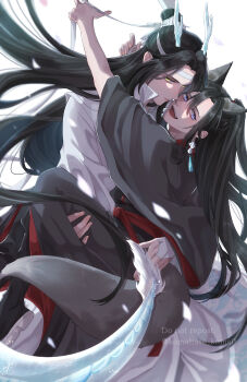 2boys absurdres animal_ears bishounen black_boots black_hair black_hanfu boots carrying chinese_clothes closed_mouth couple dragon_boy dragon_horns dragon_tail earrings eastern_dragon_horns eastern_dragon_tail extra_ears falling_petals fangs floating_hair fox_boy fox_ears fox_tail hanfu headband high_ponytail highres holding holding_ribbon horns imminent_kiss jewelry kemonomimi_mode koma_hase lan_wangji long_hair long_sleeves looking_at_another looking_at_viewer male_focus modao_zushi multiple_boys open_mouth petals ponytail princess_carry purple_eyes red_sash ribbon ribboned_xiao_guan robe sash sidelocks simple_background smile tail tassel tassel_earrings teeth topknot twitter_username very_long_hair watermark wei_wuxian white_background white_hanfu white_headband white_ribbon wide_sleeves xiao_guan_(headdress) yaoi yellow_eyes