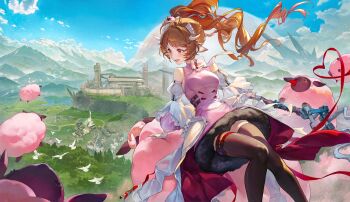 00suger001 1girl absurdres animal_ears antenna_hair ardelia_(arknights) arknights arknights:_endfield bird blush braid brown_hair cloud commentary curled_horns day detached_sleeves dress eyjafjalla_(arknights) fingerless_gloves fur-trimmed_dress fur_trim gloves hair_ornament hairclip heart_ribbon highres holding holding_staff horns little_black_sheep_(arknights) long_hair looking_to_the_side mountain open_mouth outdoors pink_dress red_eyes red_ribbon ribbon sheep sheep_ears sheep_girl sheep_horns sky staff thighhighs turtleneck turtleneck_dress white_gloves zettai_ryouiki