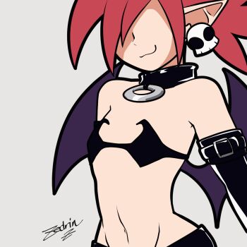 1girl animated animated_gif artist_name bare_shoulders black_gloves black_skirt breast_expansion breasts choker closed_mouth demon_girl demon_wings disgaea earrings elbow_gloves etna_(disgaea) gloves grey_background highres jewelry large_breasts makai_senki_disgaea medium_breasts miniskirt navel nipple_slip nipples pointy_ears red_hair revealing_clothes simple_background skirt skull_earrings small_breasts smile smug solo strapless tube_top twintails upper_body wardrobe_malfunction wings zedrin