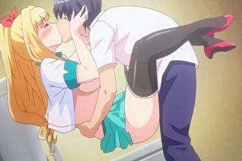 1boy 1girl bathroom blonde_hair blush breasts closed_eyes hair_ribbon happy_sex hetero high_heels honoo_no_haramase_oppai_ero_appli_gakuen hug kisaragi_kyouko kiss large_breasts legs majime_masato midriff pants ponytail ribbon sex short_hair sideboob thick_thighs thighs toilet vaginal
