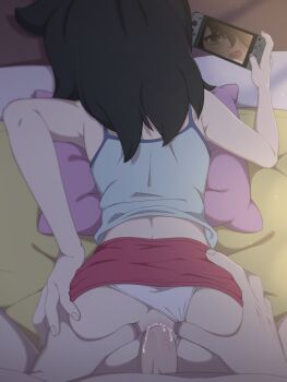1boy 1girl anal anus bare_shoulders bed_sheet black_hair blue_tank_top blush clothing_aside controller from_behind green_eyes holding holding_controller indoors kuroki_tomoko long_hair lying miniskirt nintendo_switch on_stomach open_mouth panties panties_aside penis pillow pov red_skirt rockset sex sex_from_behind skirt sleeveless tank_top uncensored underwear watashi_ga_motenai_no_wa_dou_kangaetemo_omaera_ga_warui! white_panties