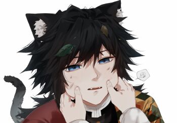 1boy animal_ears annoyed black_hair black_jacket blue_eyes buttons cat_boy cat_ears cat_tail commentary_request demon_slayer_uniform gold_buttons half-closed_eyes haori high_collar highres jacket japanese_clothes kikkoumon kimetsu_no_yaiba leaf long_hair looking_at_viewer low_ponytail ponytail pov print_haori red_haori simple_background sittte solo_focus spiked_hair tail tomioka_giyuu white_background